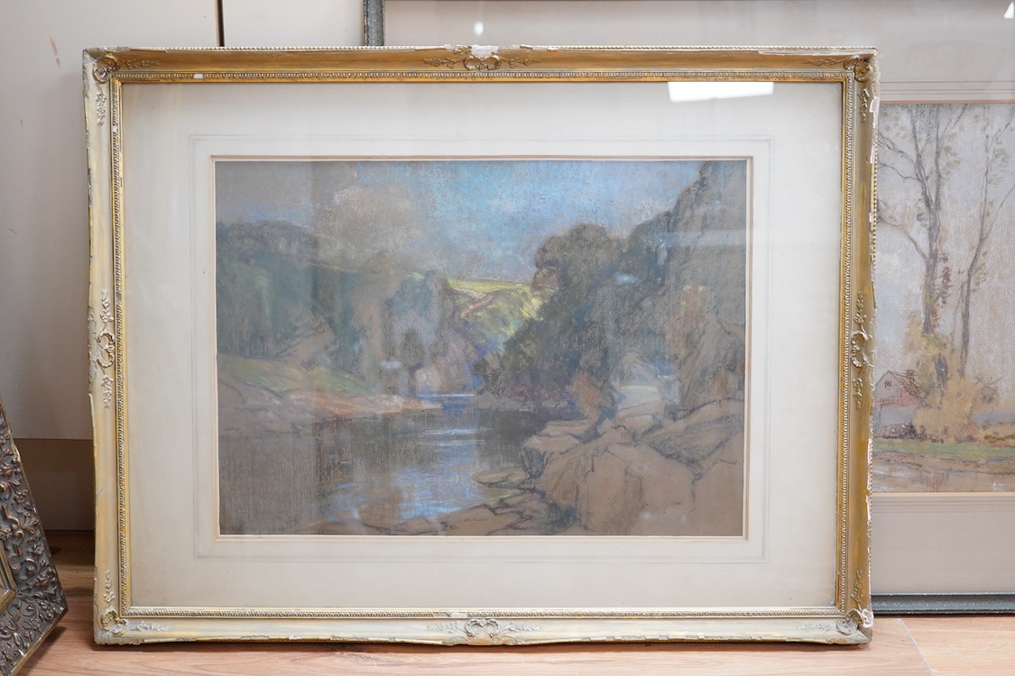William Redworth (1873-1947), River Valley and Farm scene with figures herding cattle, each signed, two pastels, largest 37 x 56cm
